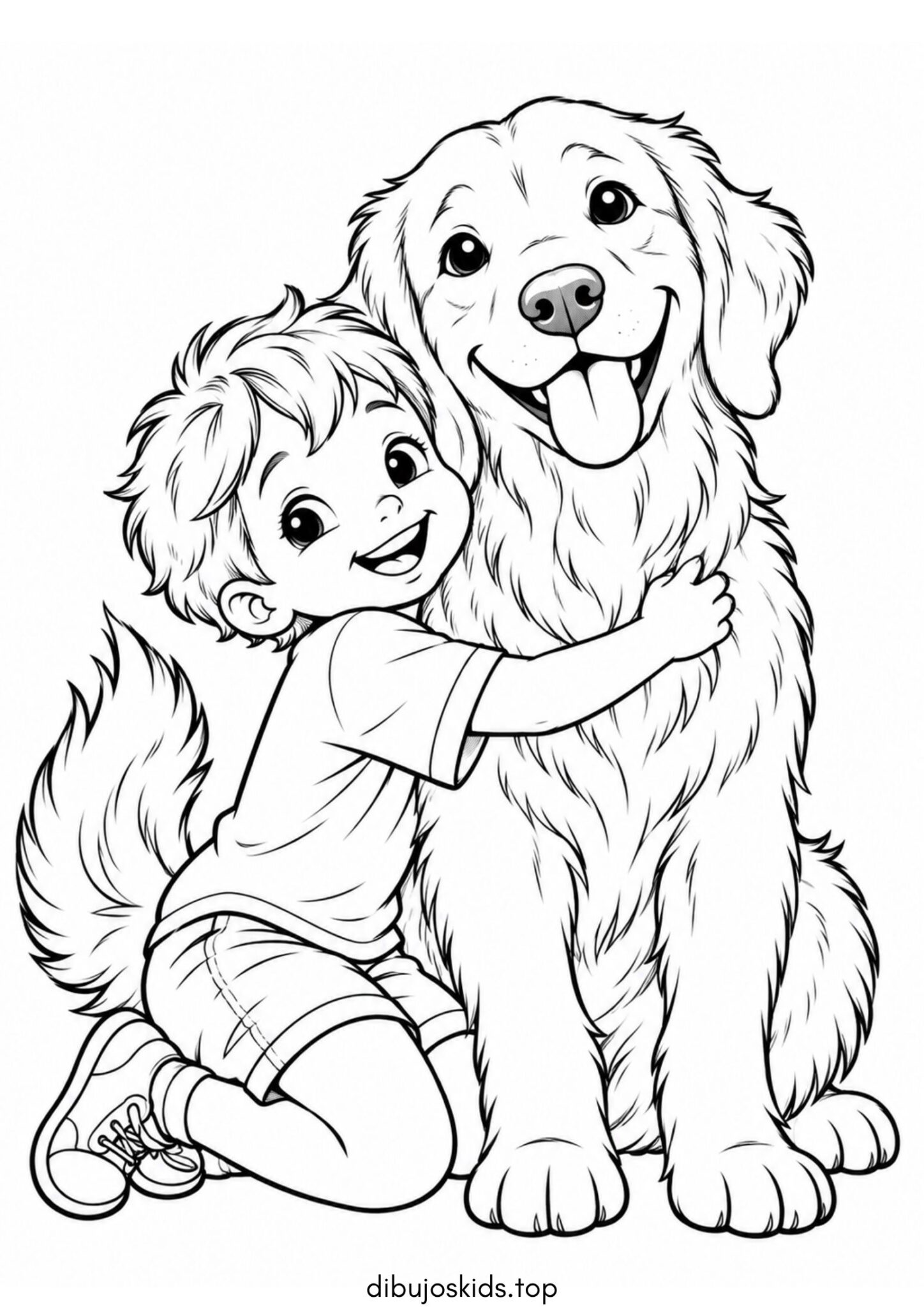 Dibujo de Niño abrazando a un perro grande para colorear