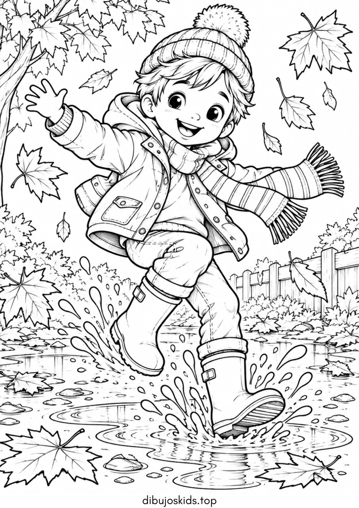 Dibujo de Otoño: Niño saltando en un charco de lluvia para colorear