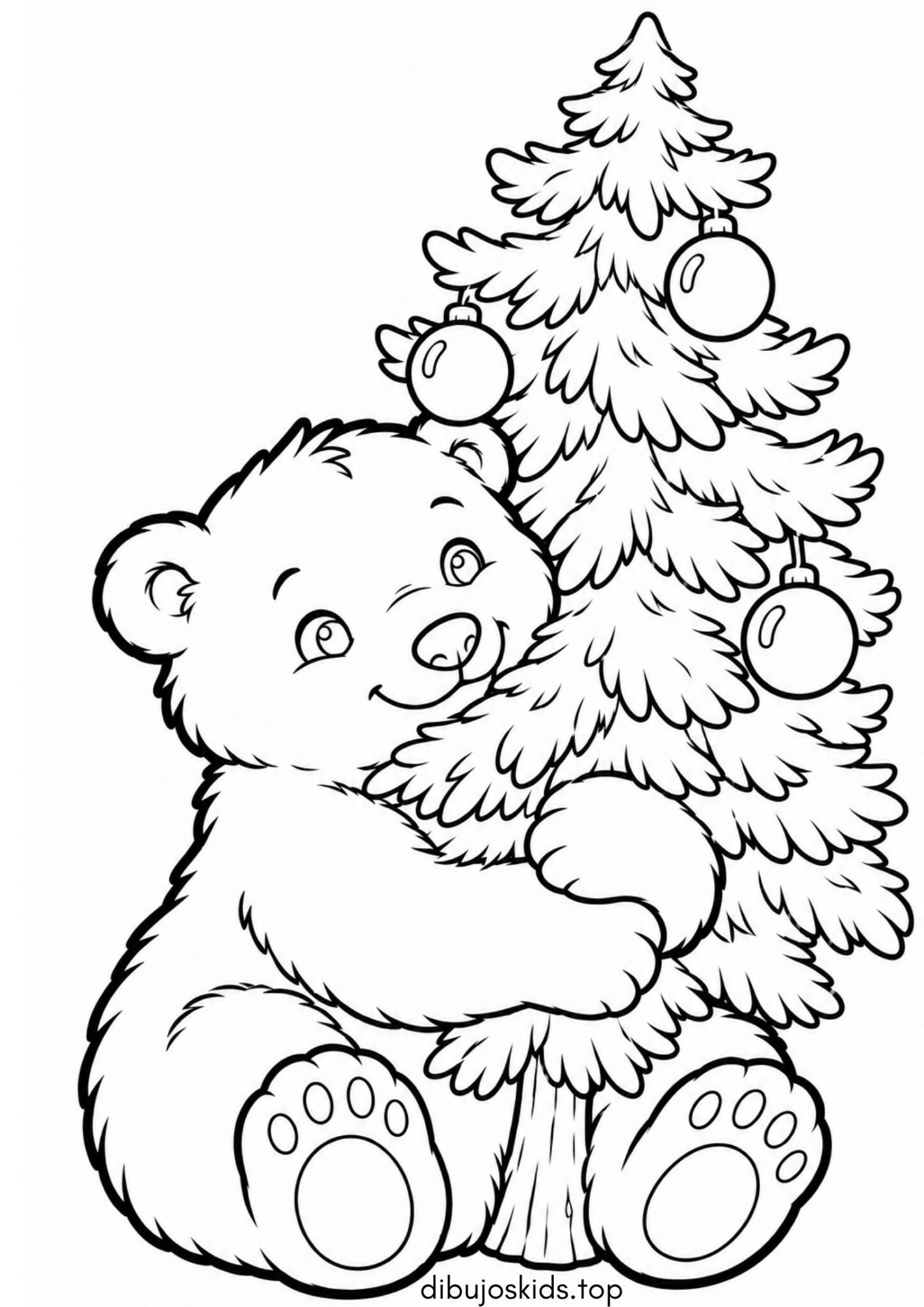 Dibujo de Navidad: Osito polar abrazando un árbol navideño para colorear
