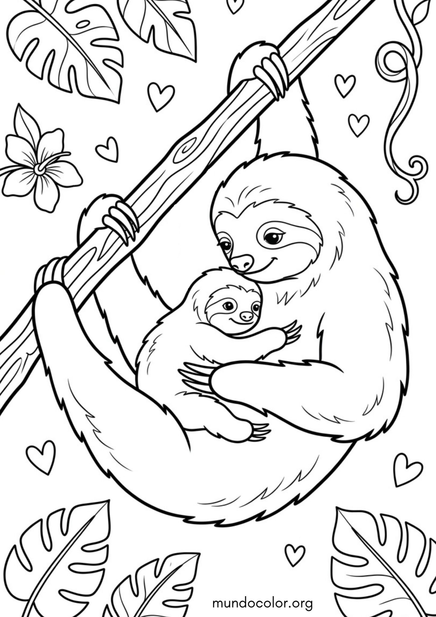 Dibujo de Perezoso bebé tierno agarrado a la pancita de su mamá para colorear