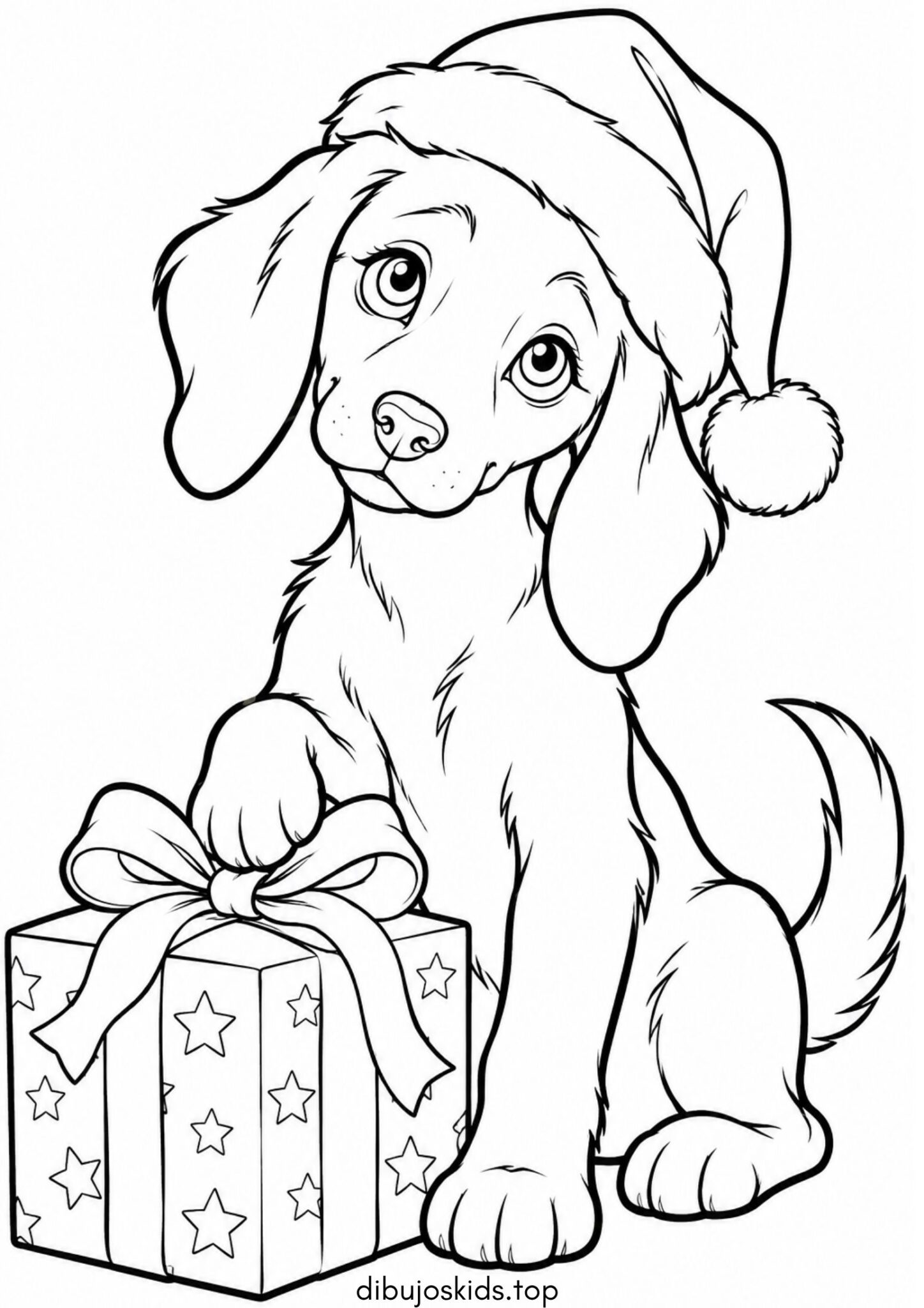 Dibujo de Navidad: Perrito con gorro navideño y regalo para colorear