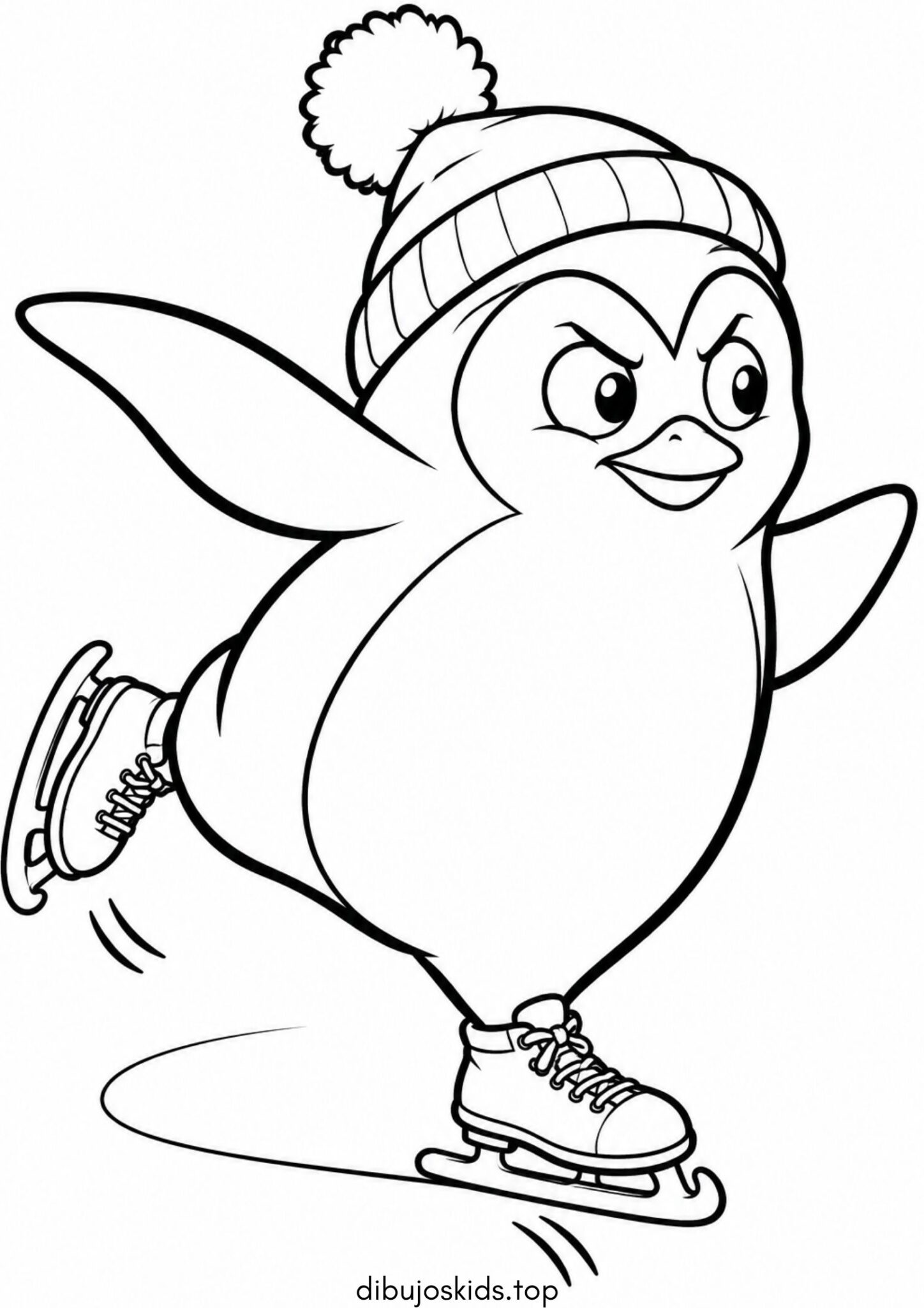 Dibujo de Navidad: Pingüino patinando sobre hielo con gorrito para colorear
