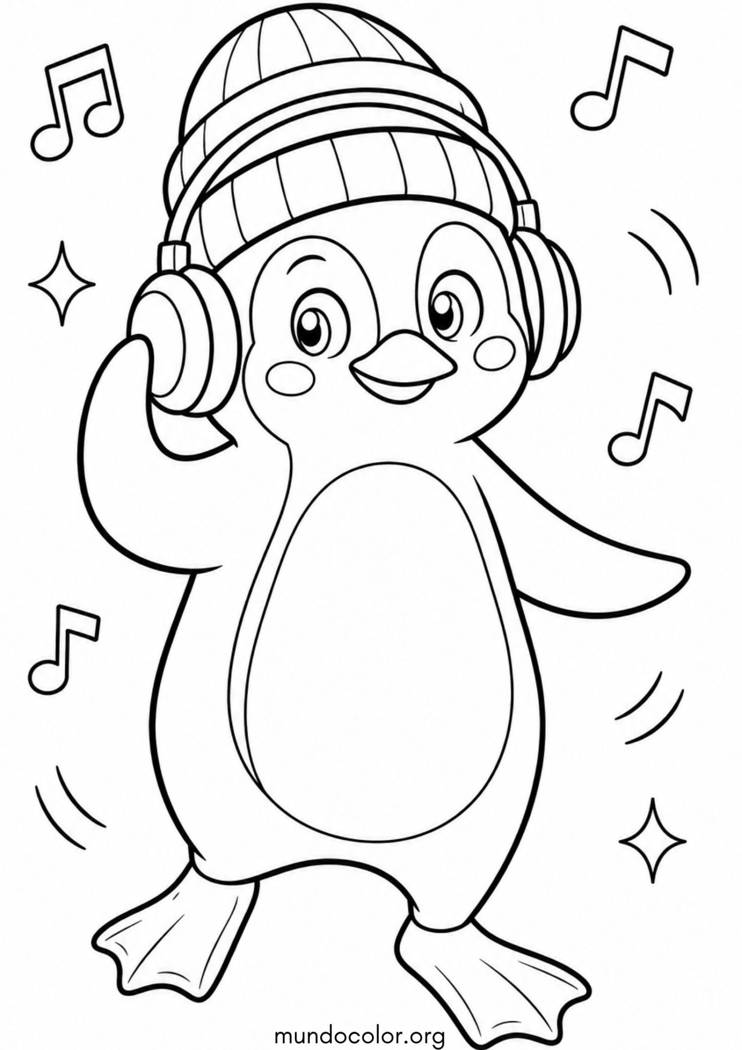 Dibujo de Pingüino con gorro y auriculares para colorear