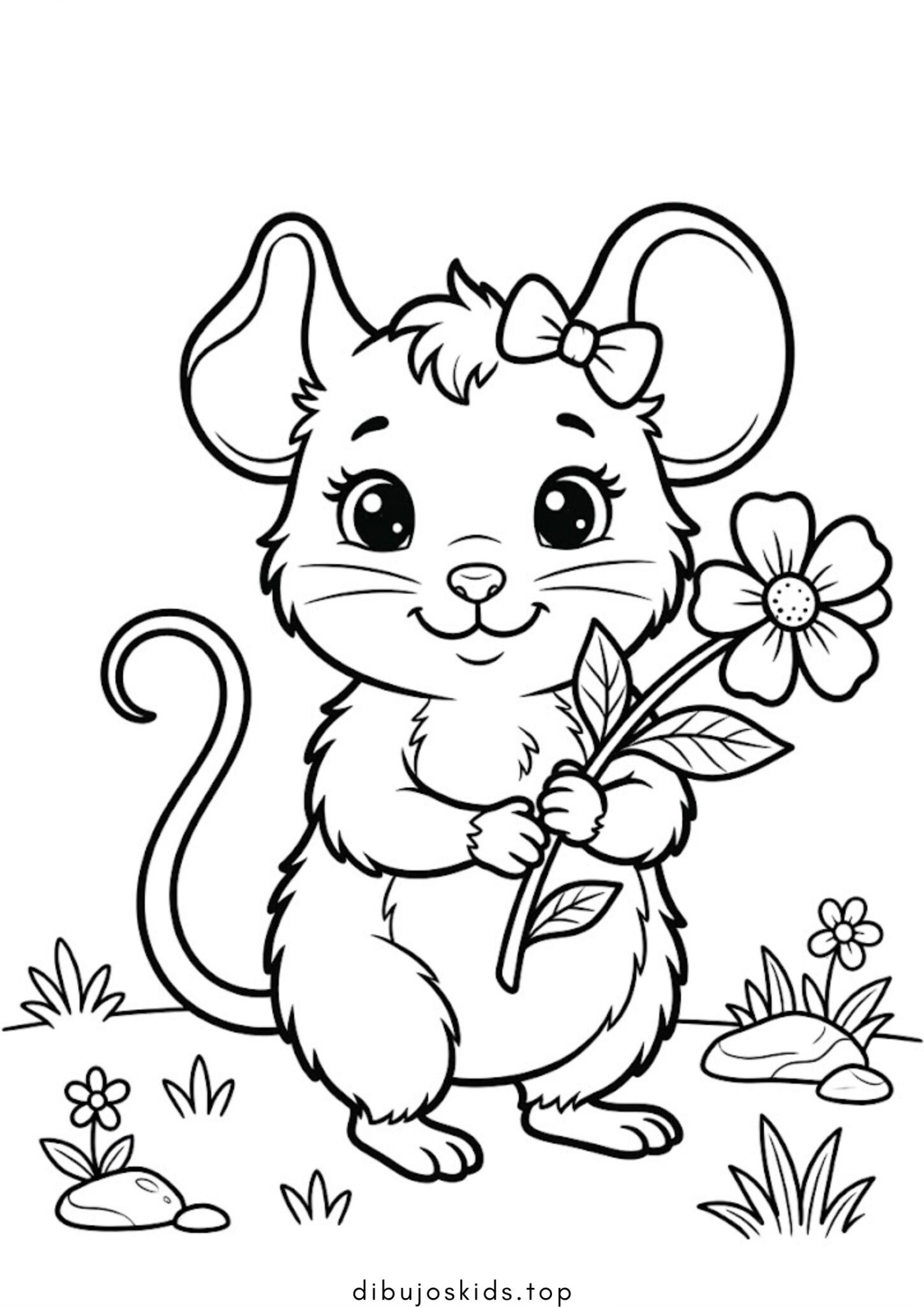 Dibujo de Ratoncito lindo con una flor para colorear