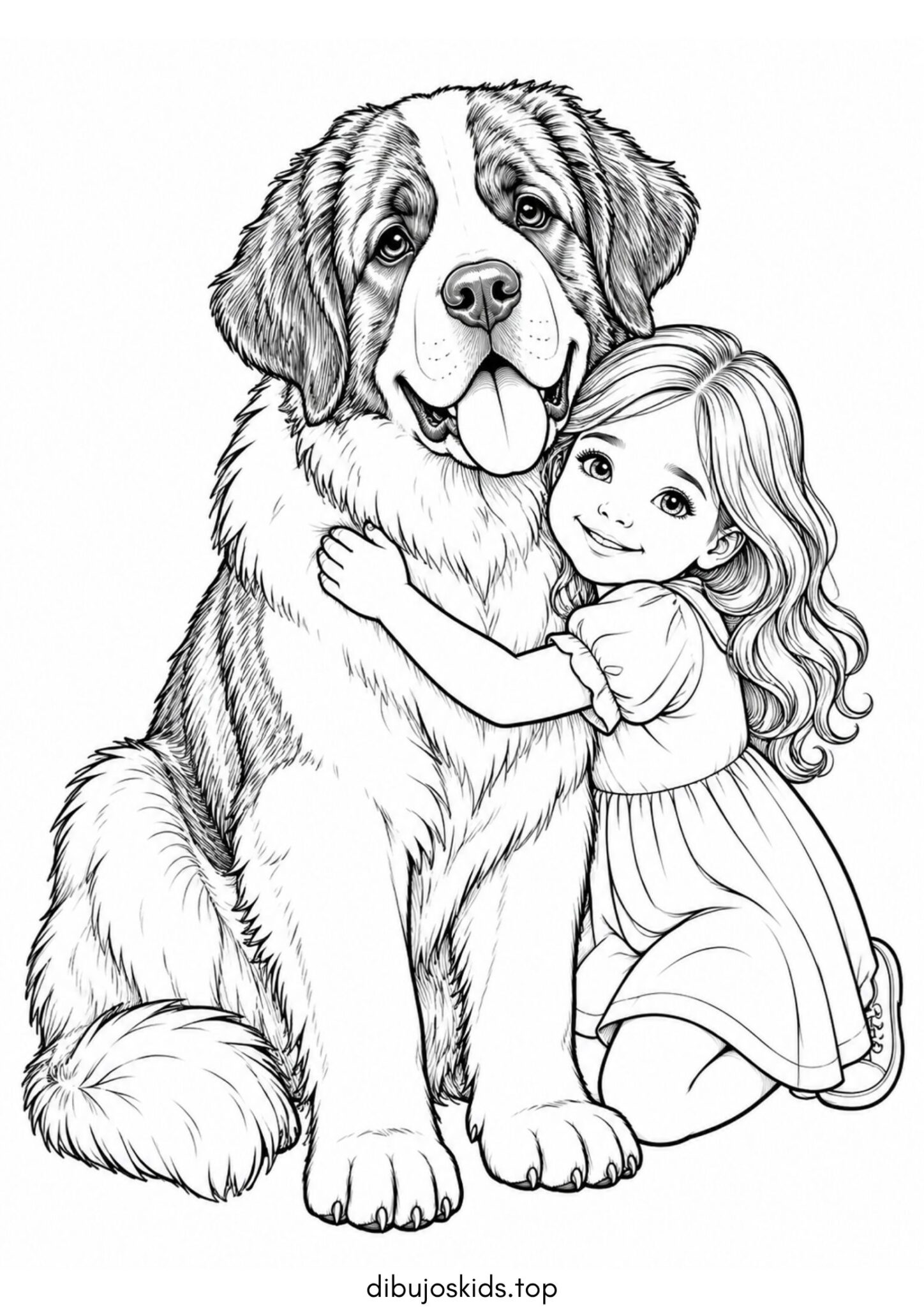 Dibujo de San bernardo y una niña pequeña para imprimir Dibujo de San bernardo y una niña pequeña para colorear