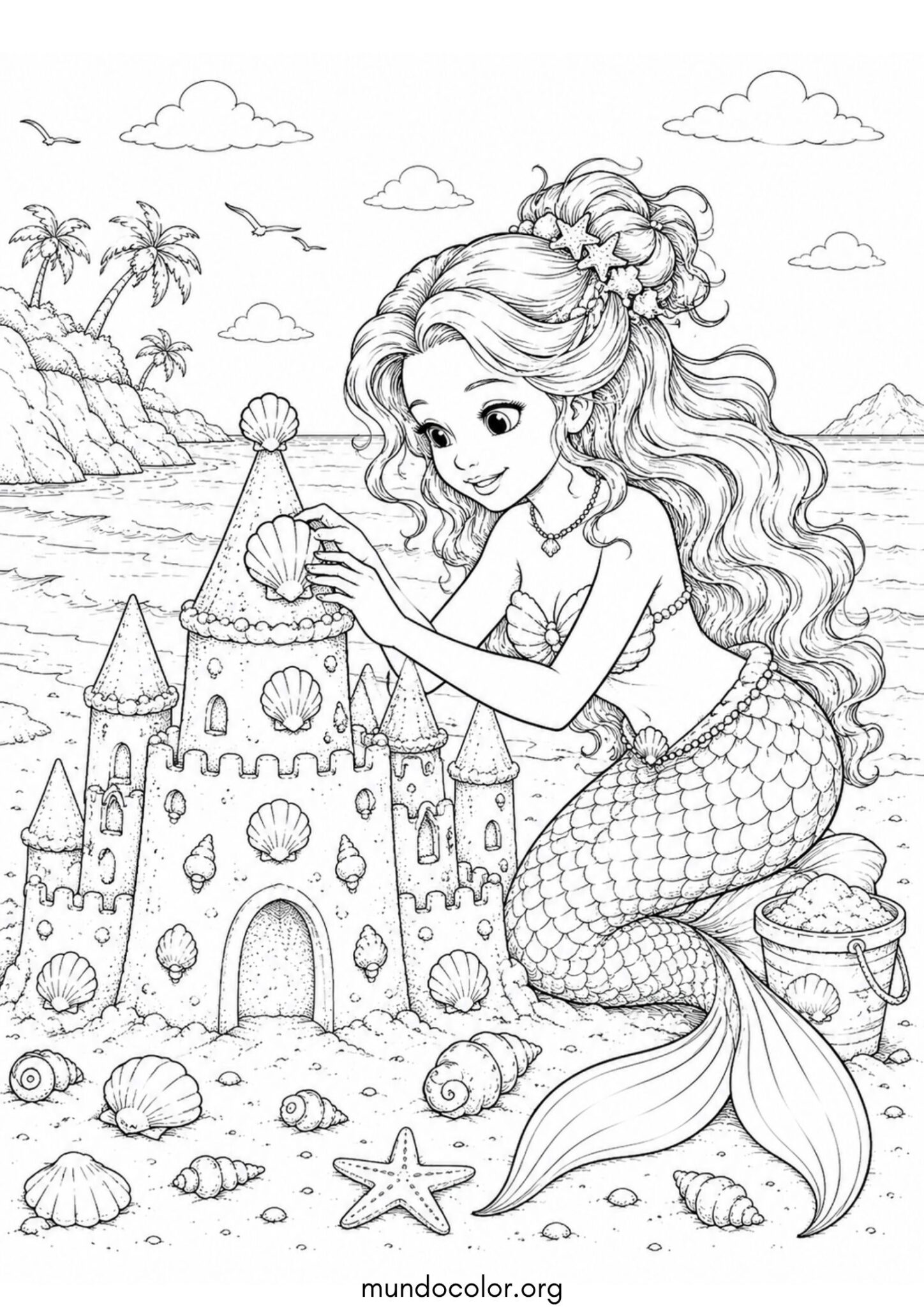 Dibujo de Sirena construyendo un castillo de arena decorado con conchas para colorear