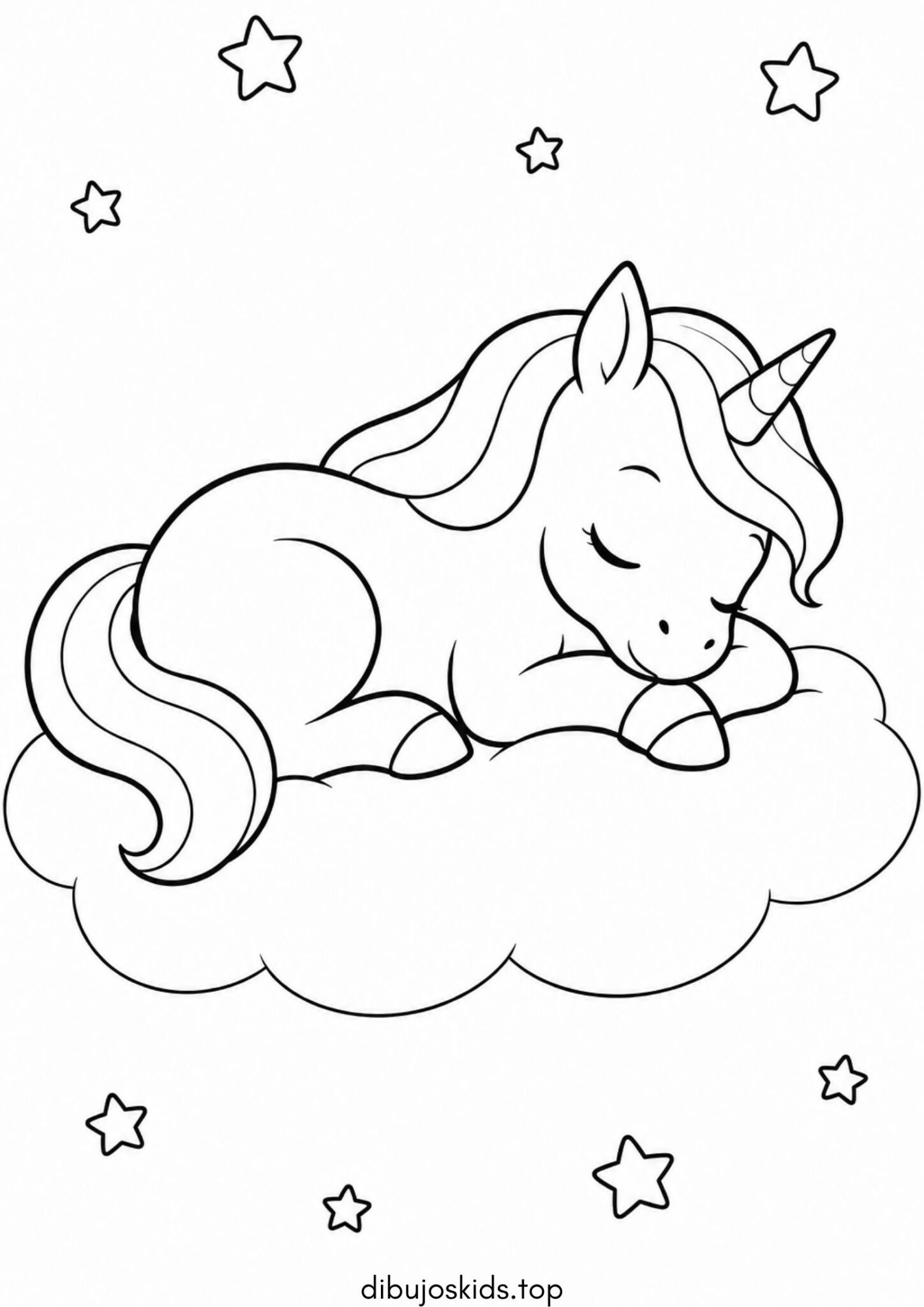 Dibujo de Unicornio durmiendo plácidamente sobre una nube de algodón suave para colorear
