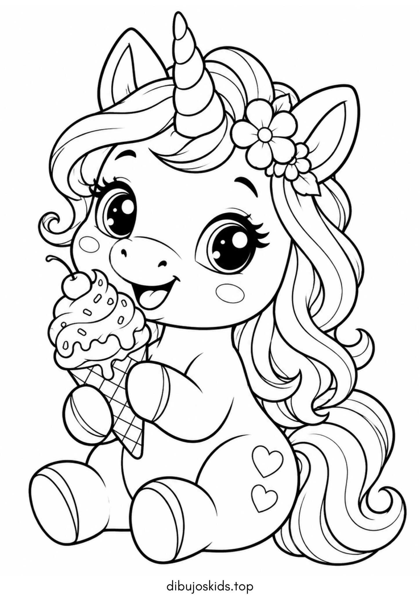Dibujo de Unicornio estilo kawaii con helado para imprimir Dibujo de Unicornio estilo kawaii con helado para colorear