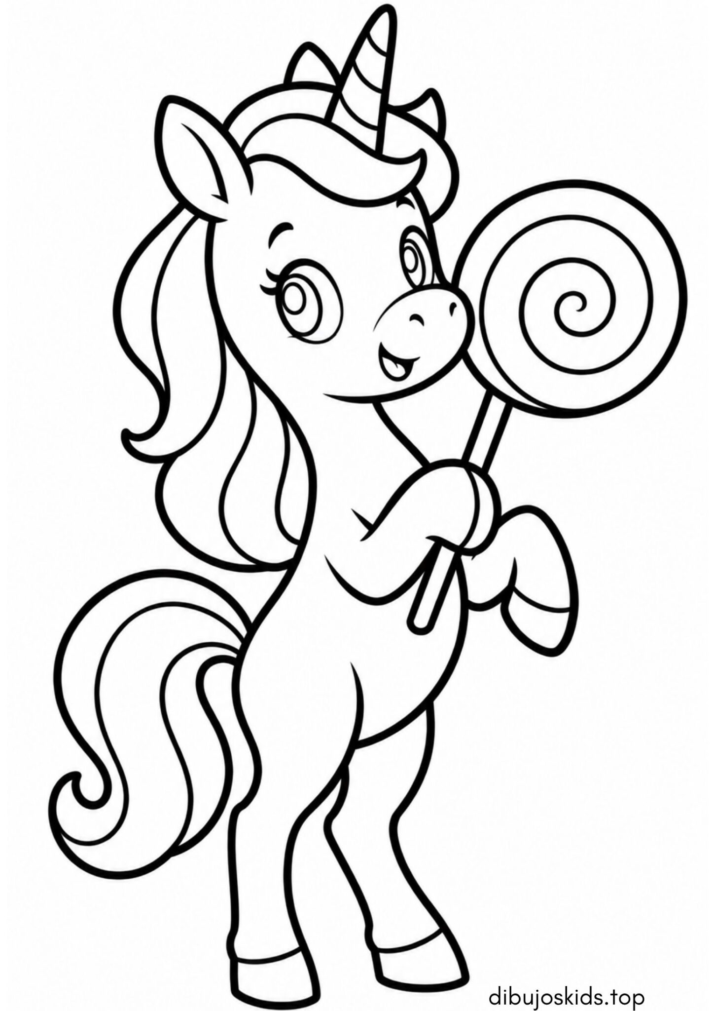 Dibujo de Unicornio estilo kawaii con piruleta para colorear